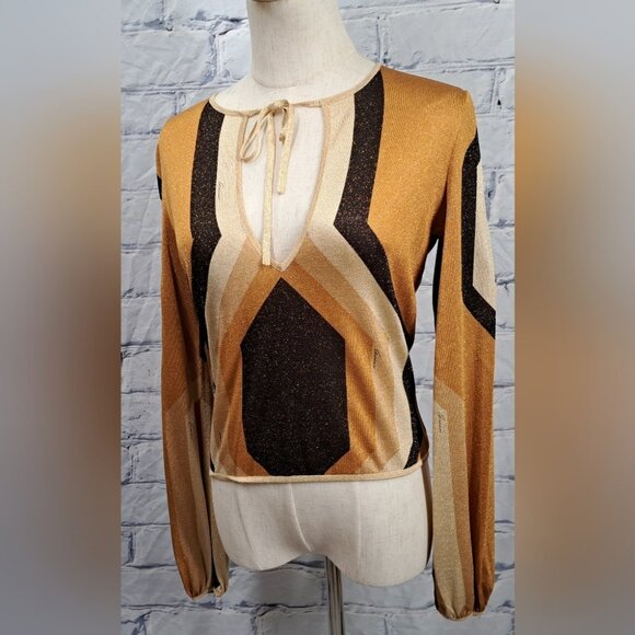 Gucci by Tom Ford Runway Gold Metallic Lurex Knit Long Sleeve Top Y2K2000 XS